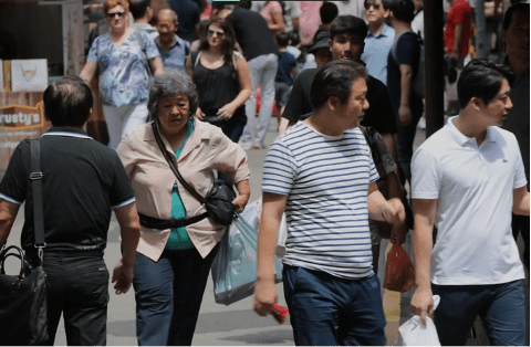 A busy shopping street filled with locals and tourists, holding shopping bags in their hands.